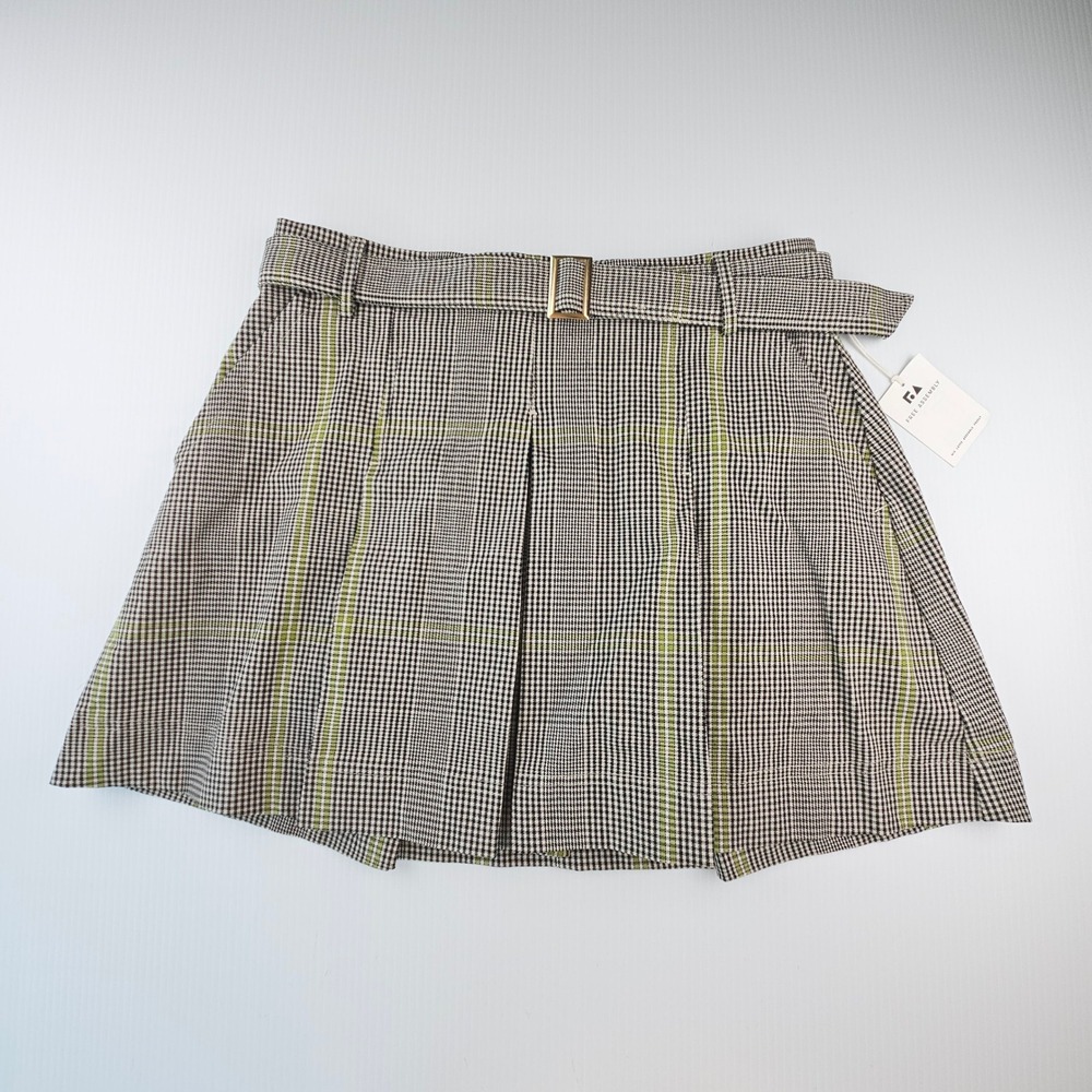 Free Assembly Lime Citrus Plaid Pleated Mini Skirt Belted Preppy 90s M 8-10 NWT